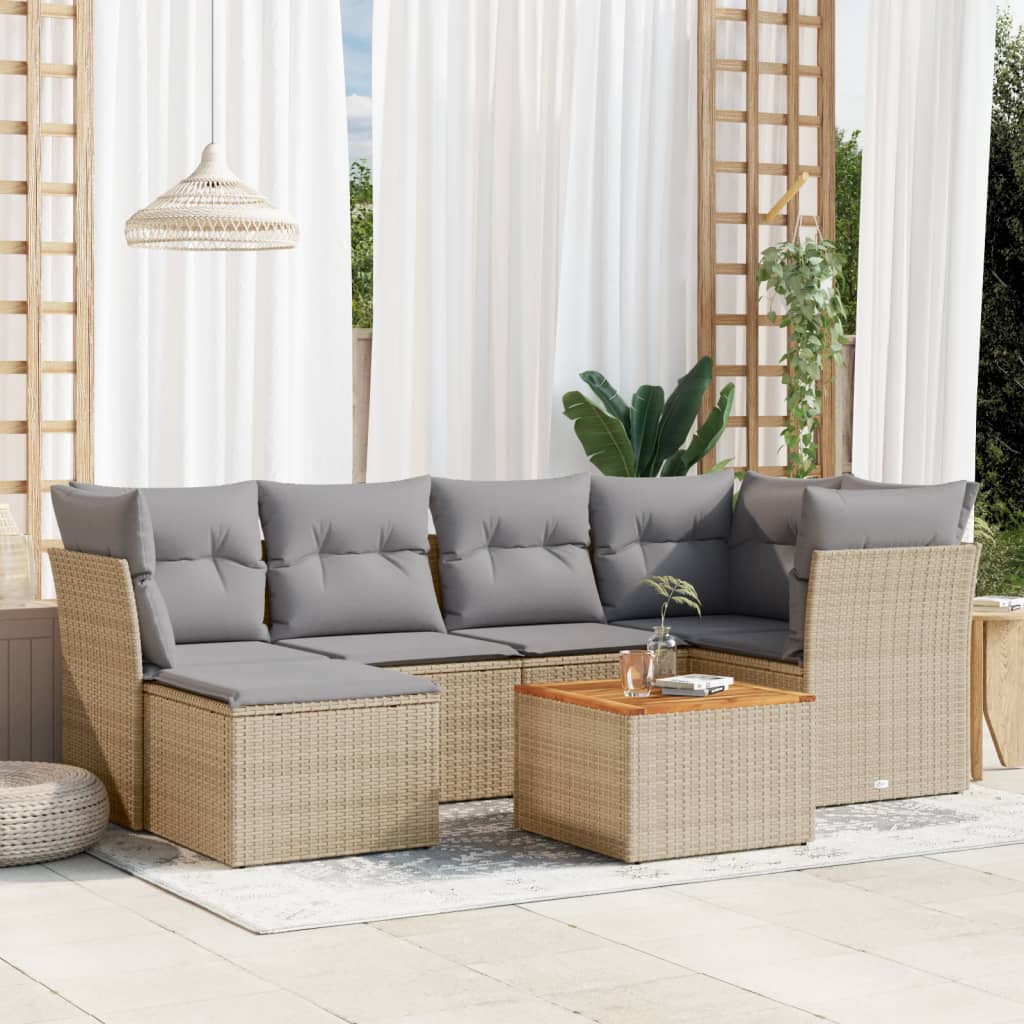 7-tlg. Garten-Sofagarnitur mit Kissen Beige Poly Rattan