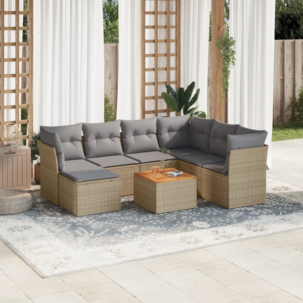 vidaXL 8-tlg. Garten-Sofagarnitur mit Kissen Beige Poly Rattan