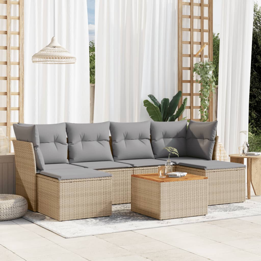 vidaXL 7-tlg. Garten-Sofagarnitur mit Kissen Beige Poly Rattan