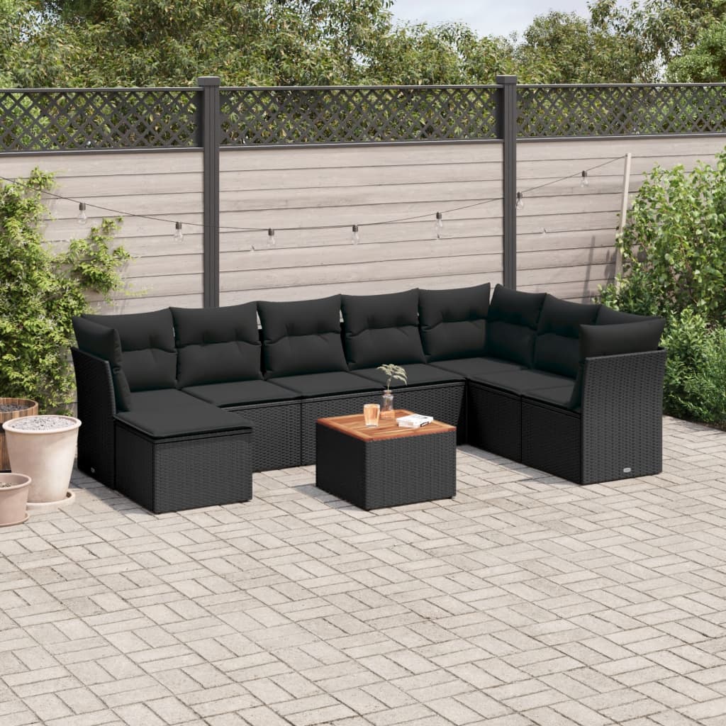 vidaXL 9-tlg. Garten-Sofagarnitur mit Kissen Schwarz Poly Rattan