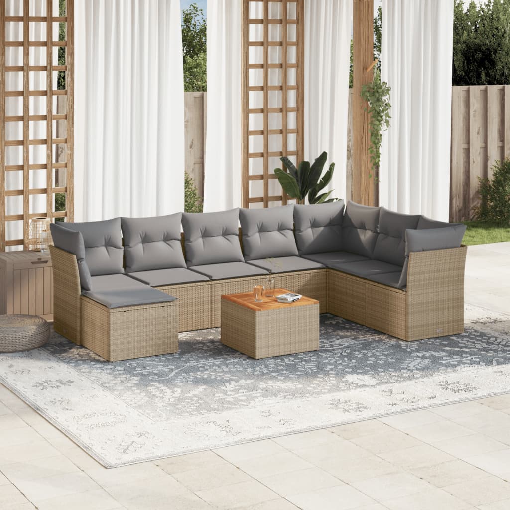 vidaXL 9-tlg. Garten-Sofagarnitur mit Kissen Beige Poly Rattan