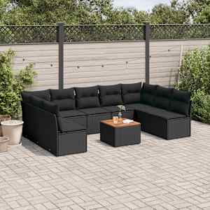 Vrtna sedežna garnitura 10-delna z blazinami črn poli ratan