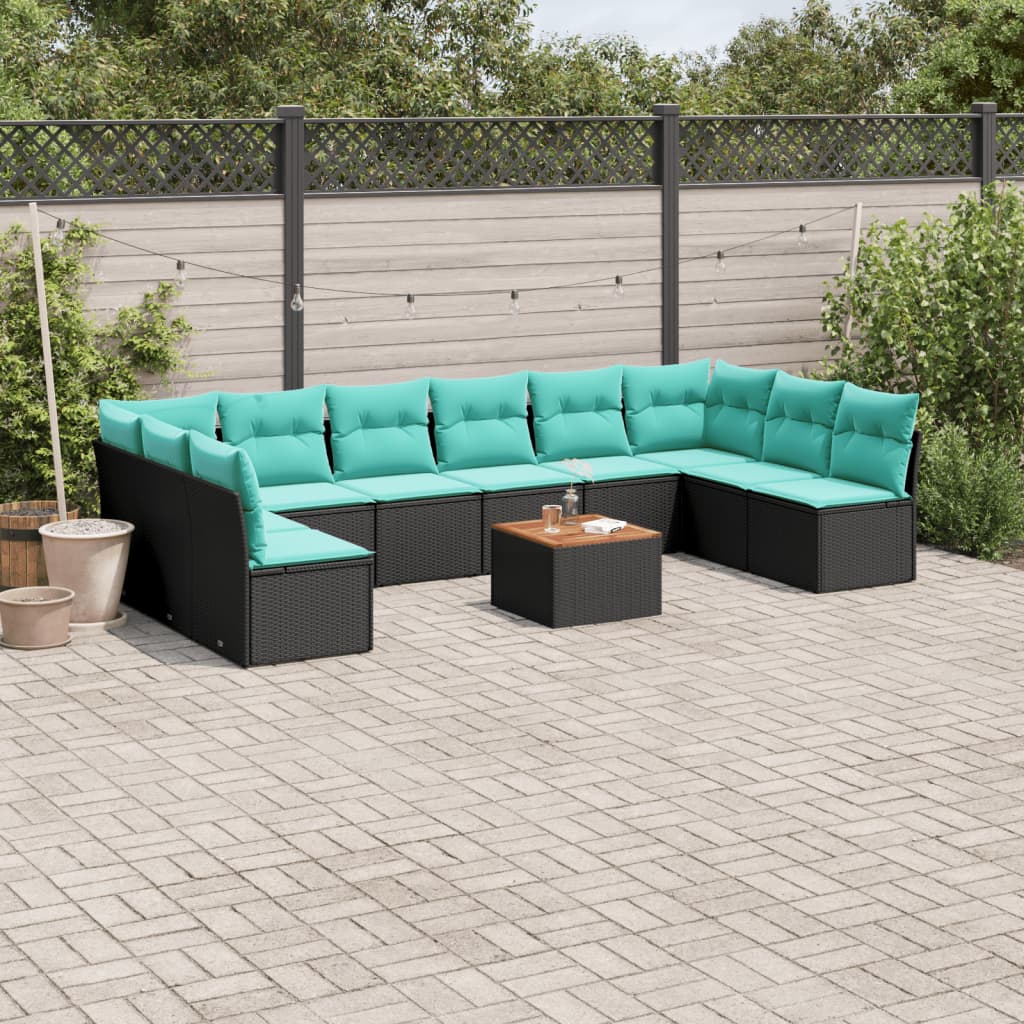 Havesofasæt i polyrattan med opbevaring - 11 dele, sort/blå hynder