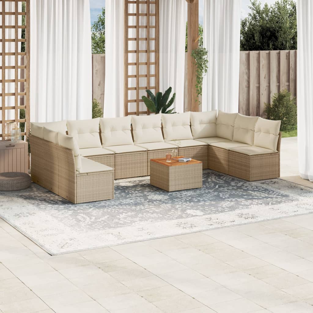 vidaXL 11-tlg. Garten-Sofagarnitur mit Kissen Beige Poly Rattan