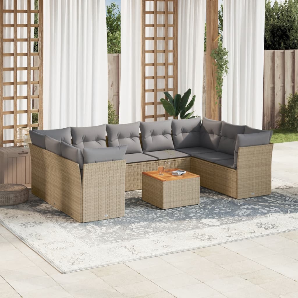 vidaXL 10-tlg. Garten-Sofagarnitur mit Kissen Beige Poly Rattan