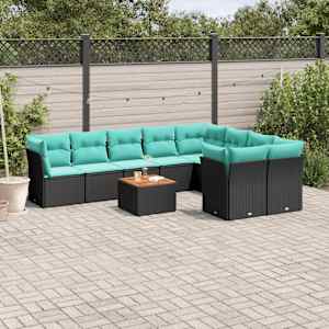 Vrtna sedežna garnitura 10-delna z blazinami črn poli ratan