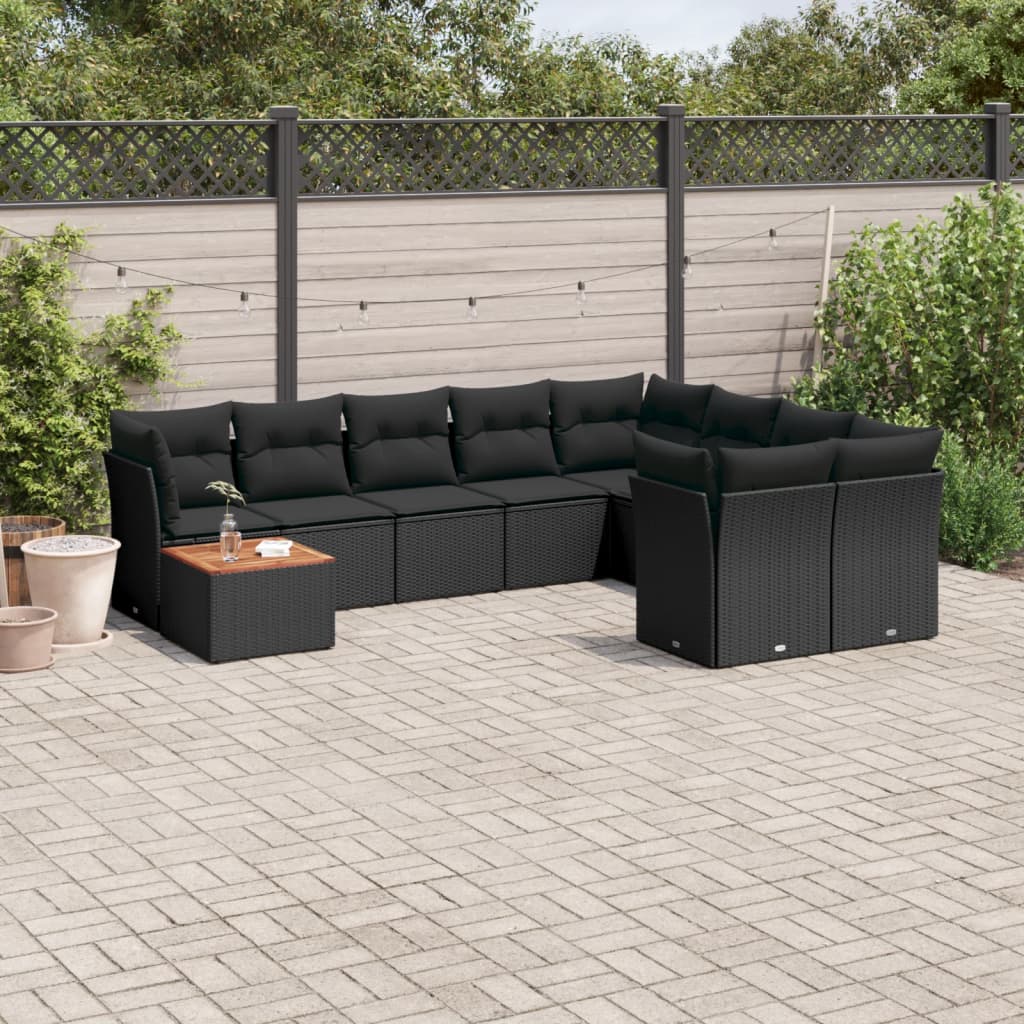 vidaXL 10-tlg. Garten-Sofagarnitur mit Kissen Schwarz Poly Rattan