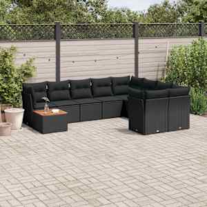 Vrtna sedežna garnitura 10-delna z blazinami črn poli ratan