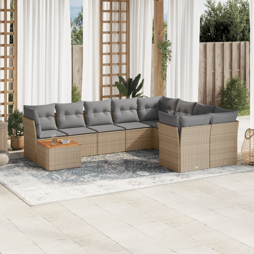 vidaXL 10-tlg. Garten-Sofagarnitur mit Kissen Beige Poly Rattan