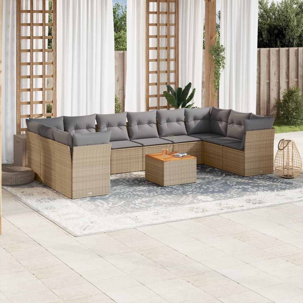 vidaXL 11-tlg. Garten-Sofagarnitur mit Kissen Beige Poly Rattan