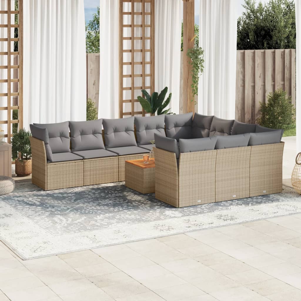 vidaXL 11-tlg. Garten-Sofagarnitur mit Kissen Beige Poly Rattan