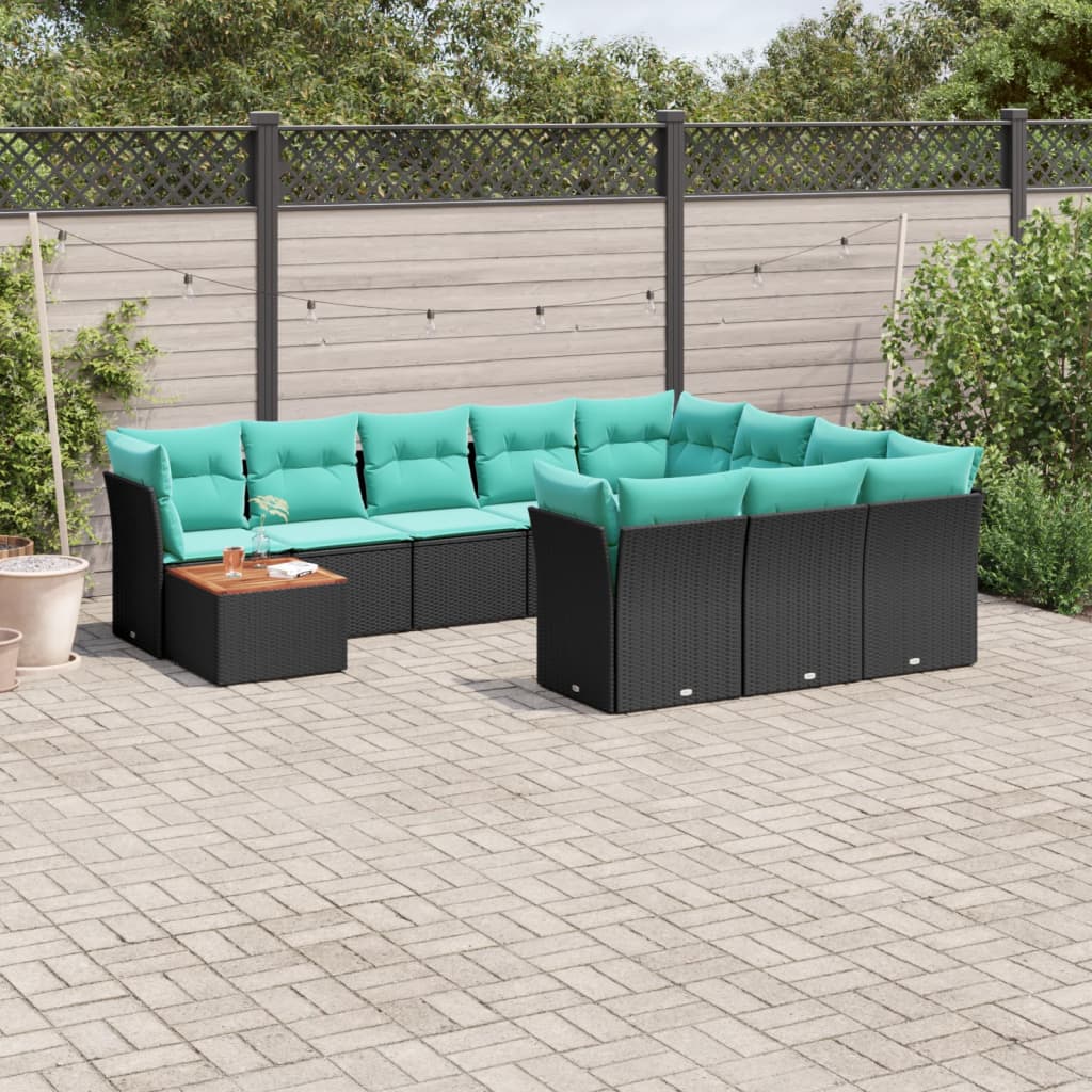 vidaXL 11-tlg. Garten-Sofagarnitur mit Kissen Schwarz Poly Rattan