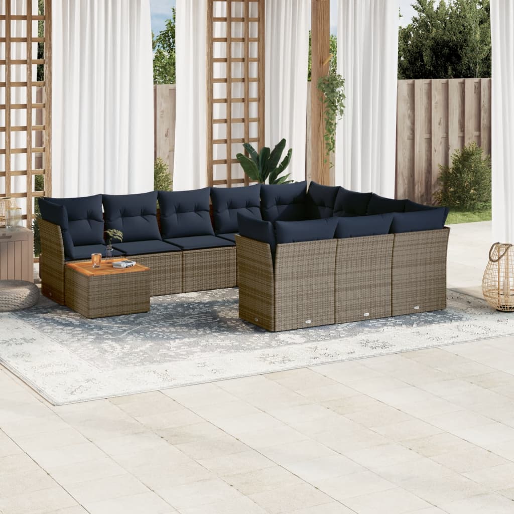 vidaXL 11-tlg. Garten-Sofagarnitur mit Kissen Grau Poly Rattan