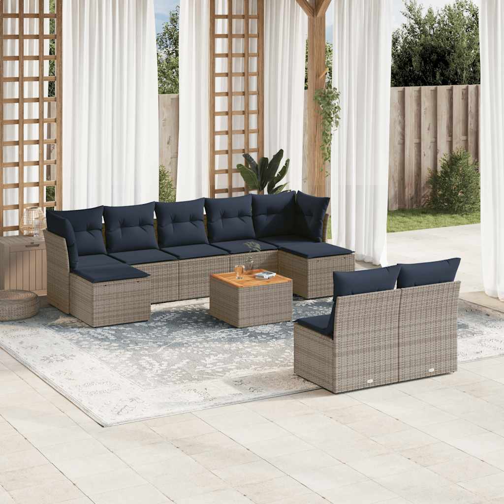 vidaXL 10-teiliges Gartensofa-Set mit Kissen, grau, Polyrattan