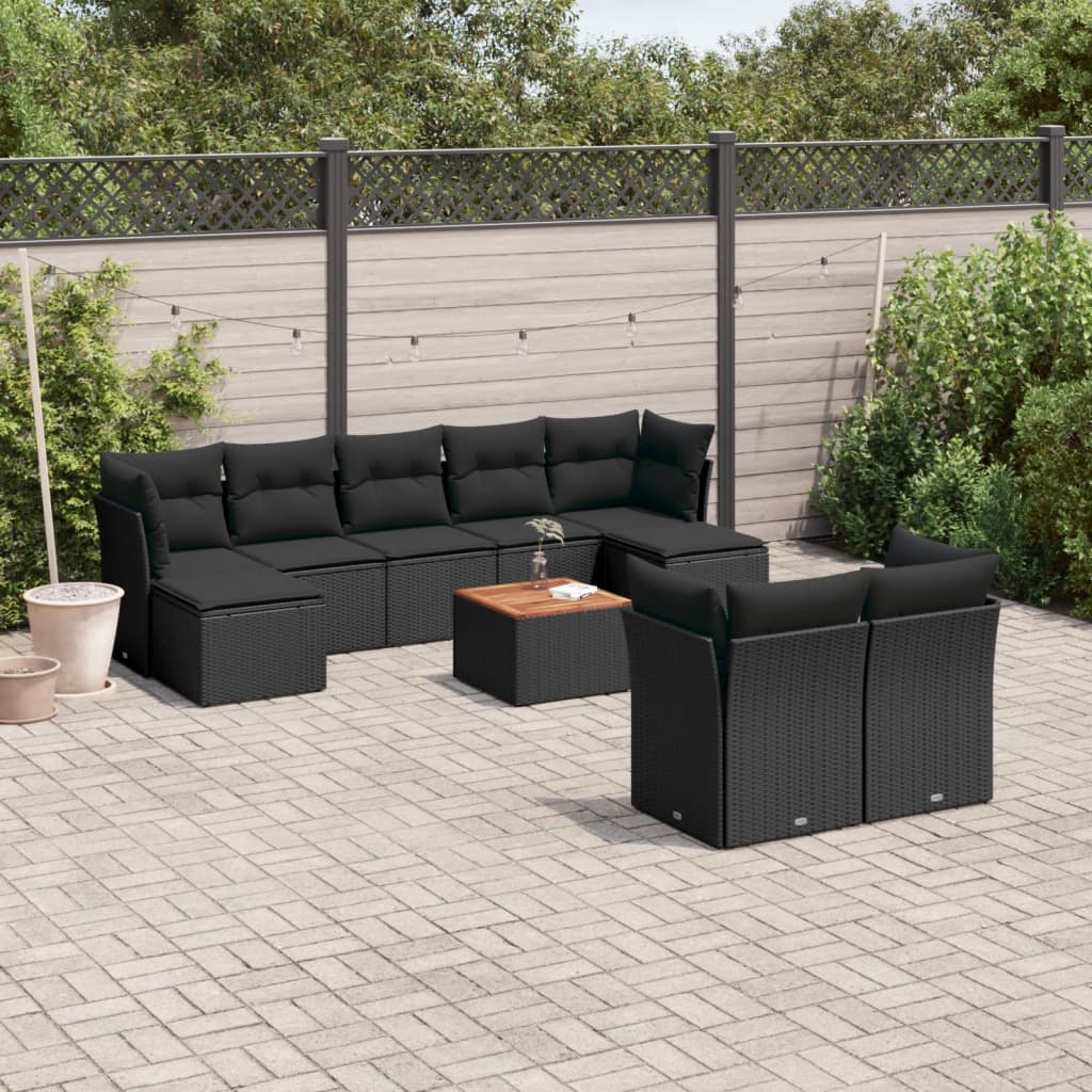 vidaXL 10-tlg. Garten-Sofagarnitur mit Kissen Schwarz Poly Rattan