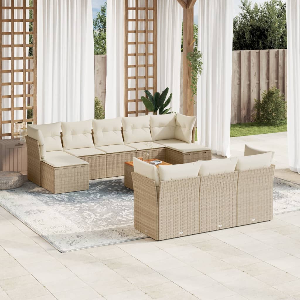 vidaXL 11-tlg. Garten-Sofagarnitur mit Kissen Beige Poly Rattan