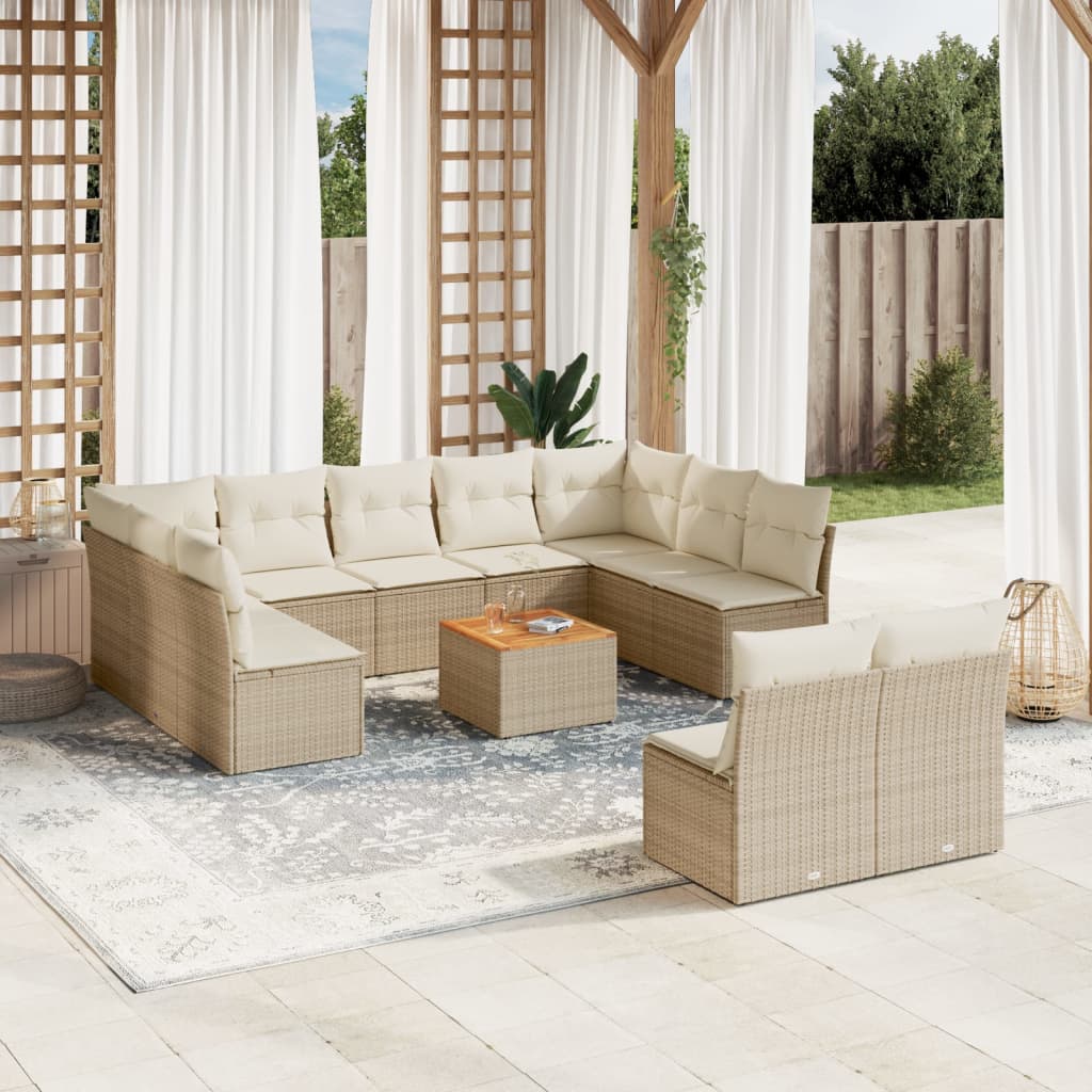 vidaXL 12-tlg. Garten-Sofagarnitur mit Kissen Beige Poly Rattan