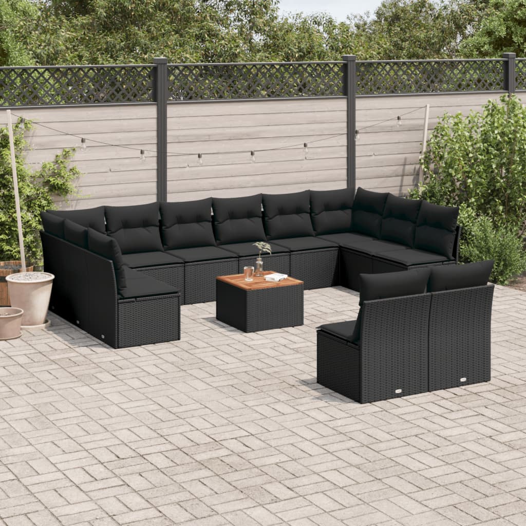 13-tlg. Garten-Sofagarnitur mit Kissen Schwarz Poly Rattan