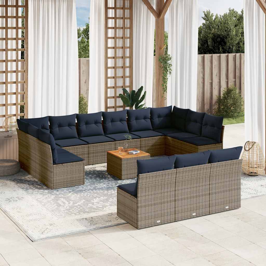 Havesofasæt i polyrattan - 14 dele med marineblå hynder, grå