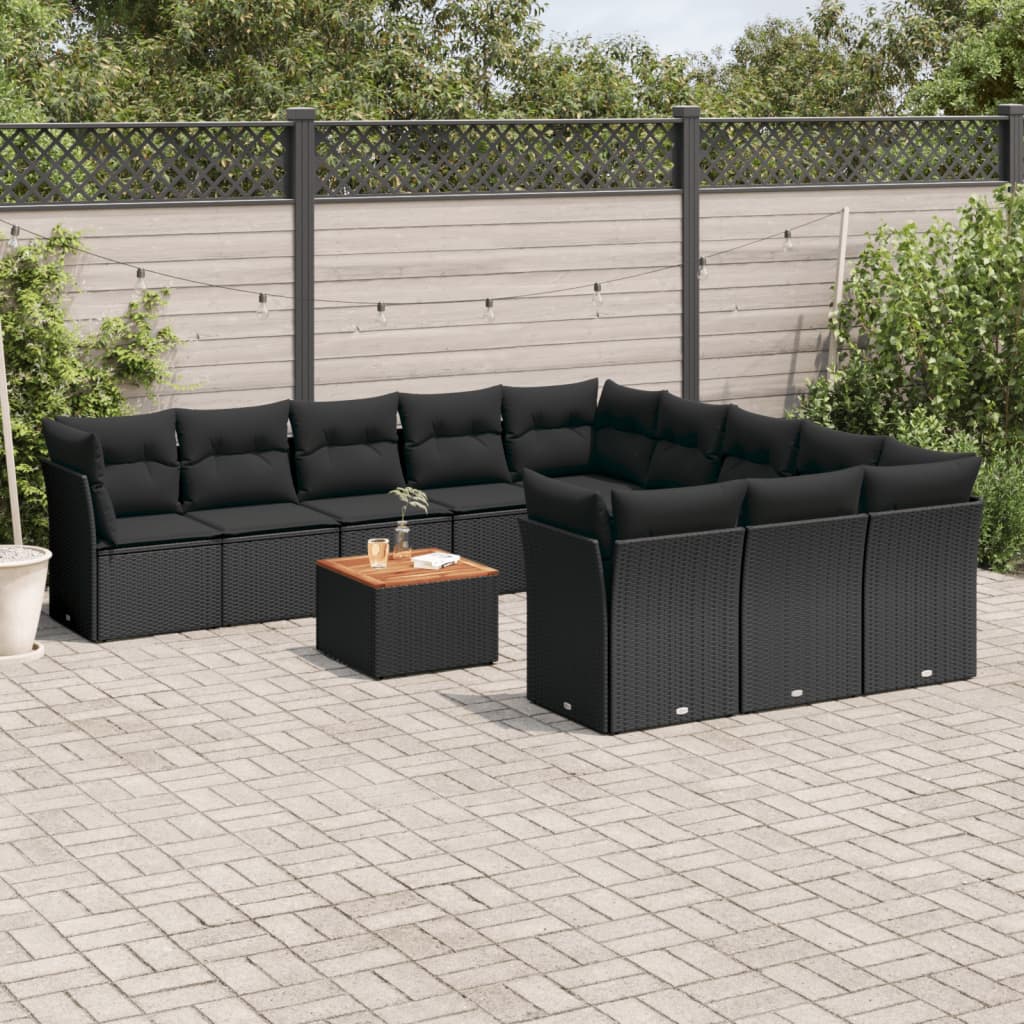 12-tlg. Garten-Sofagarnitur mit Kissen Schwarz Poly Rattan