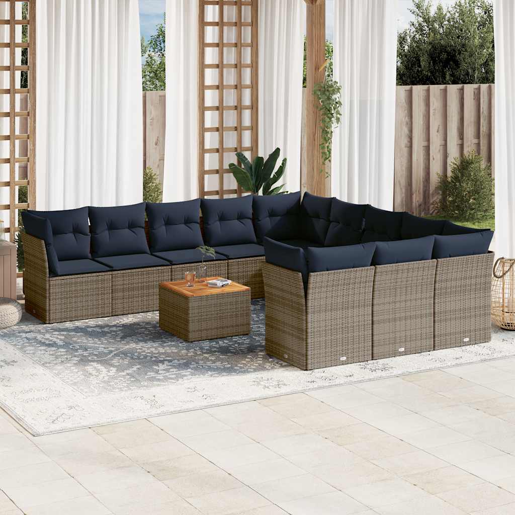 Havesofasæt i polyrattan - 12 dele med hynder, grå/marineblå