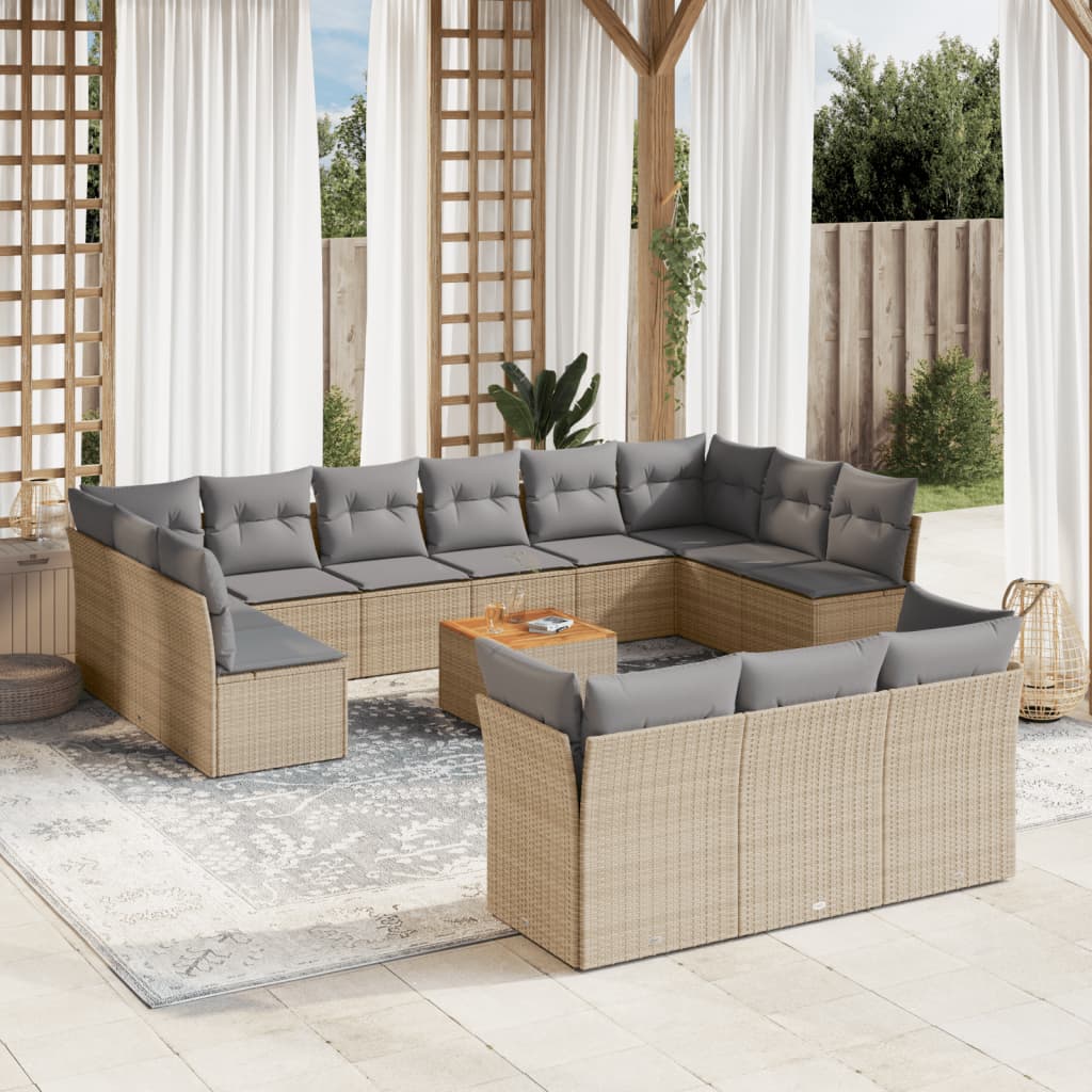 14-tlg. Garten-Sofagarnitur mit Kissen Beige Poly Rattan