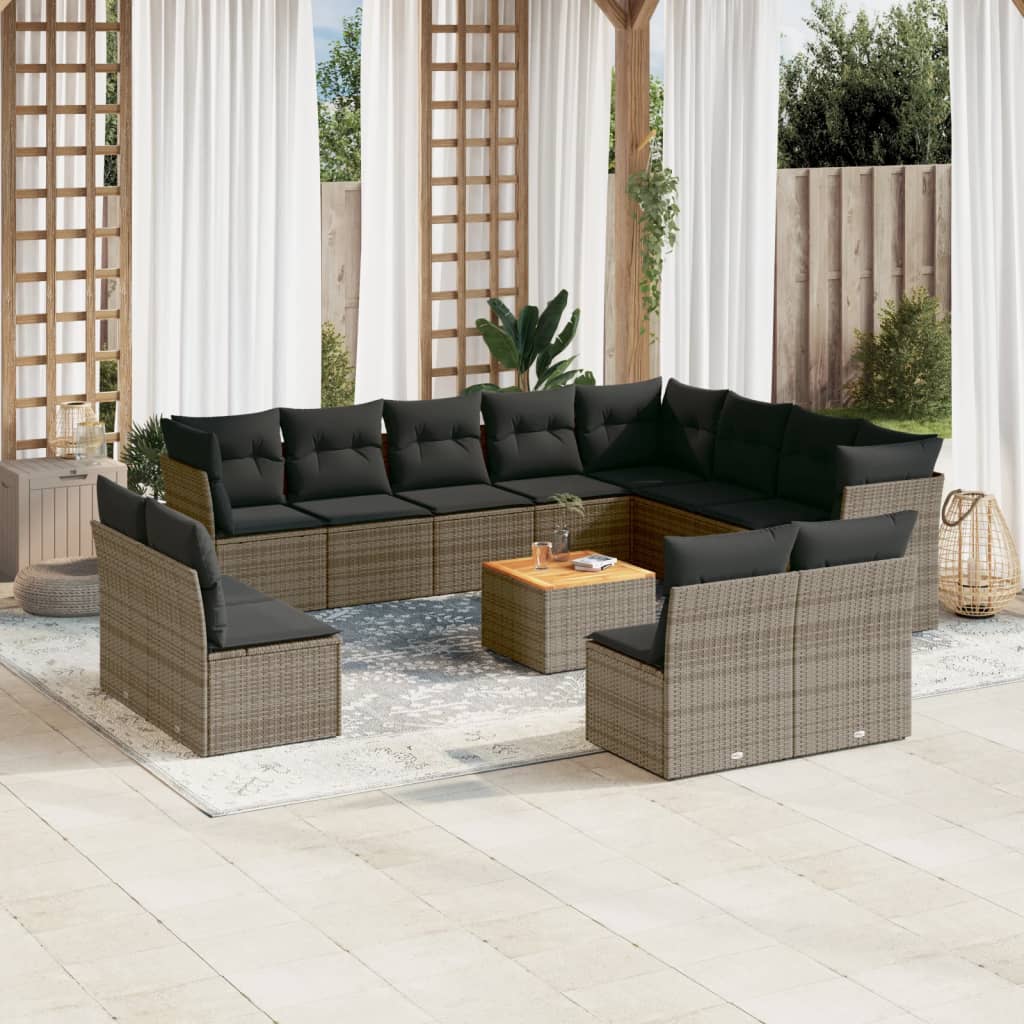 vidaXL 13-tlg. Garten-Sofagarnitur mit Kissen Grau Poly Rattan