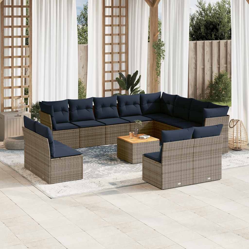 Havesofasæt i polyrattan - 13 dele med marineblå hynder, grå
