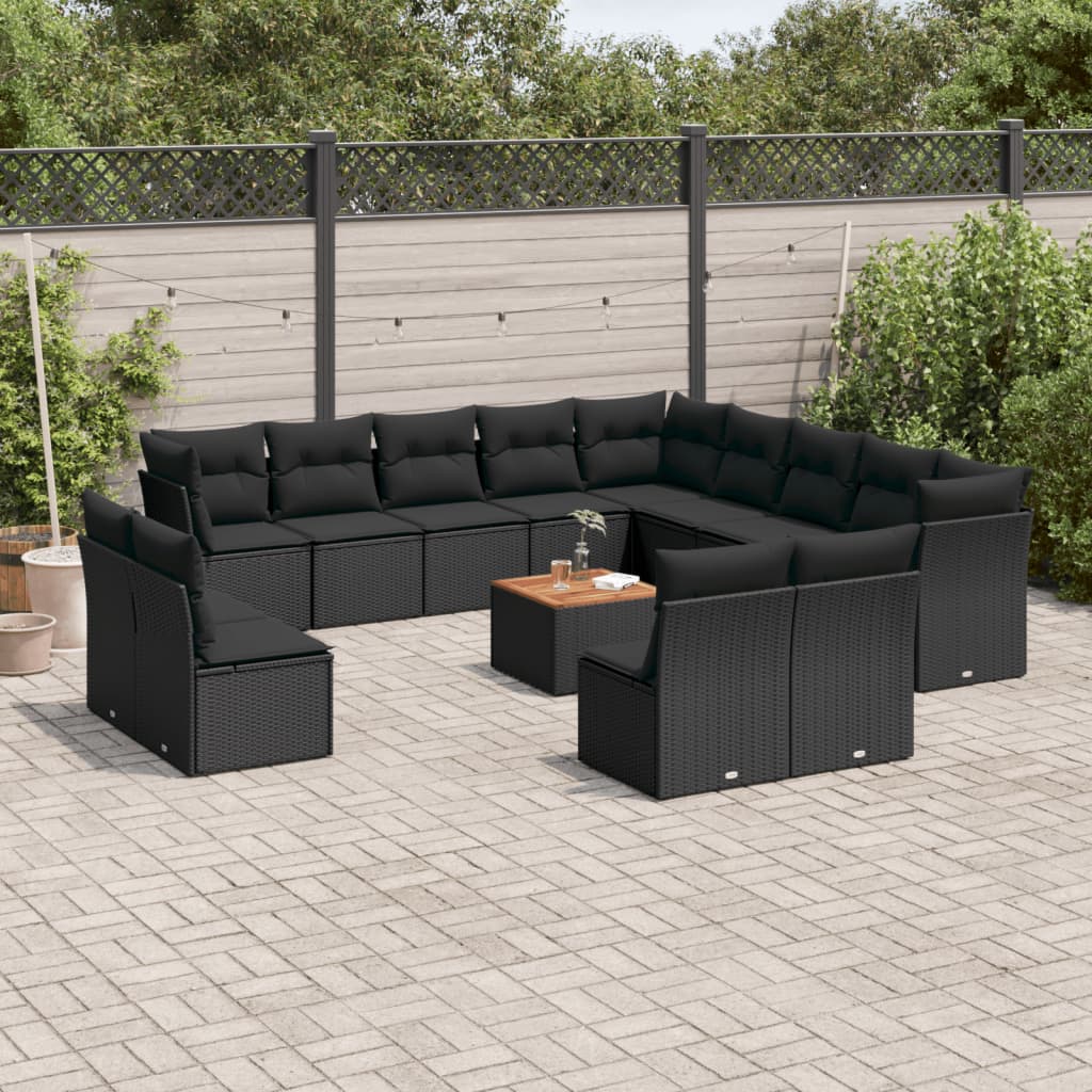 vidaXL 14-tlg. Garten-Sofagarnitur mit Kissen Schwarz Poly Rattan