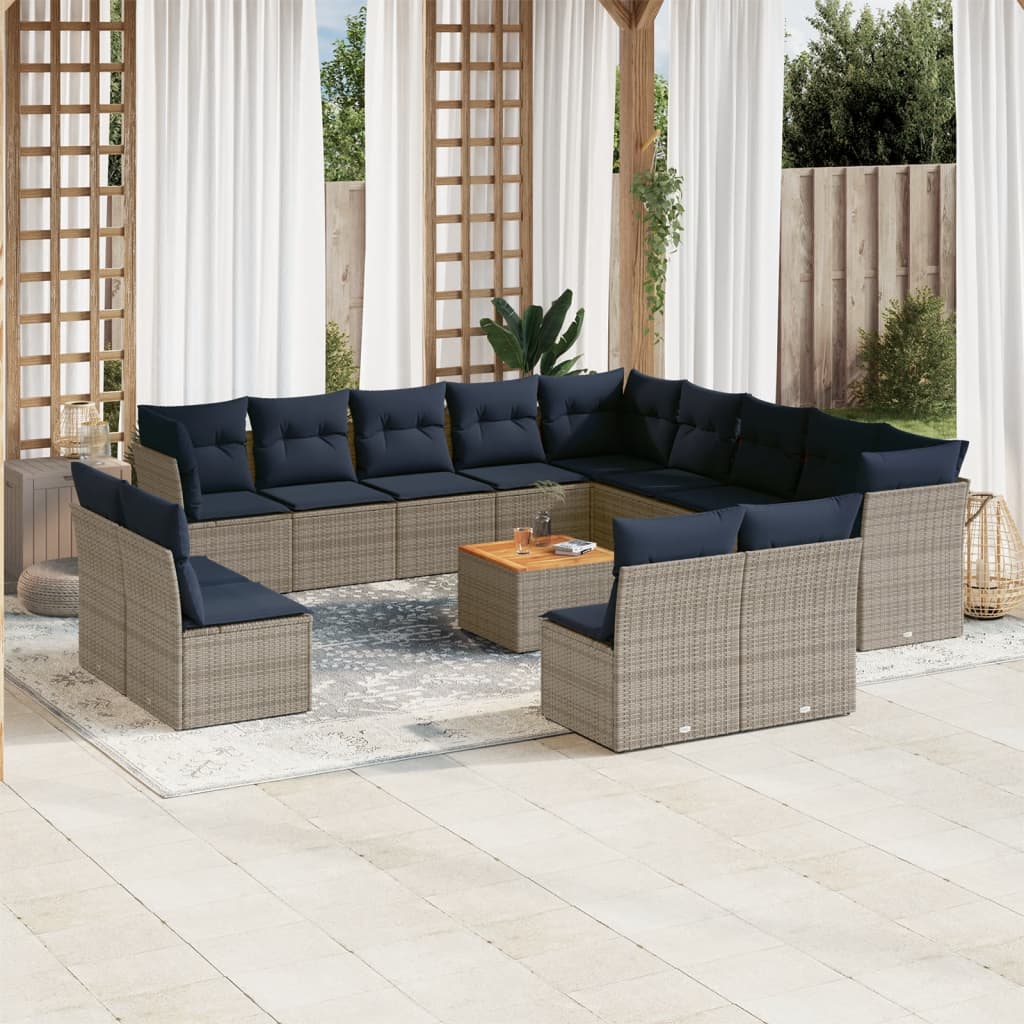 vidaXL 14-tlg. Garten-Sofagarnitur mit Kissen Grau Poly Rattan