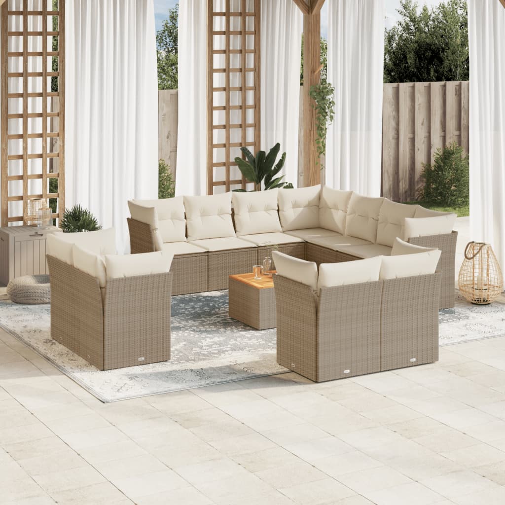 12-tlg. Garten-Sofagarnitur mit Kissen Beige Poly Rattan