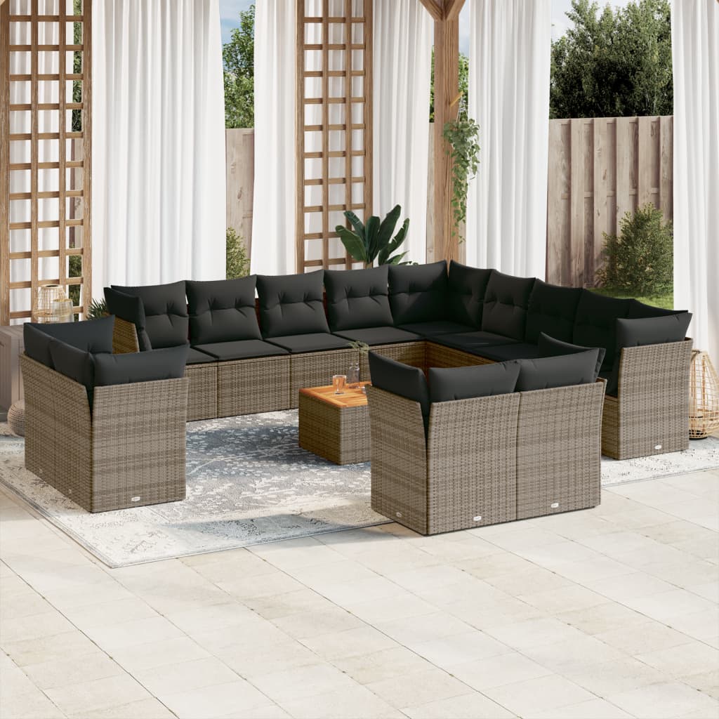 14-tlg. Garten-Sofagarnitur mit Kissen Grau Poly Rattan