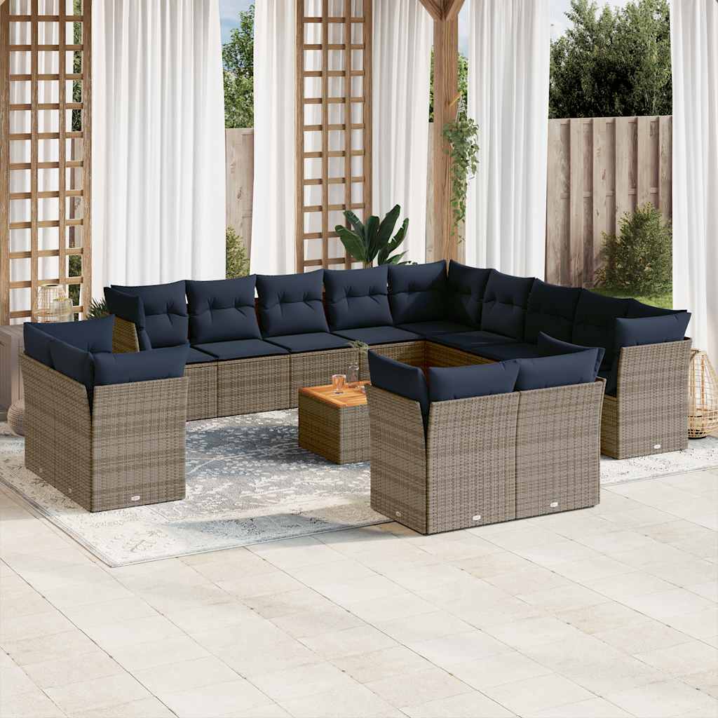 Sofasæt til haven 14 dele med hynder i polyrattan - grå/marineblå