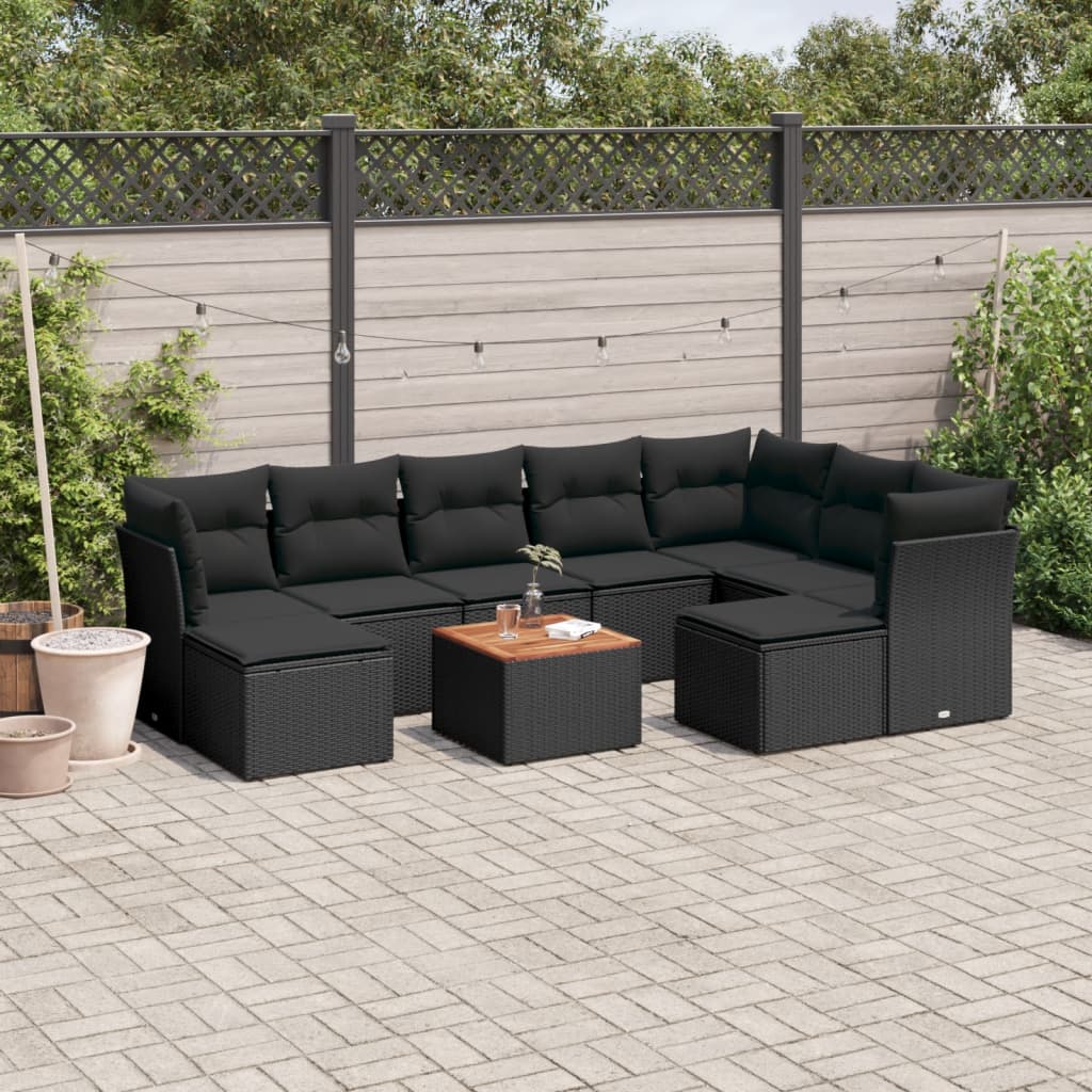 vidaXL Salon de jardin 10 pcs avec coussins noir résine tressée