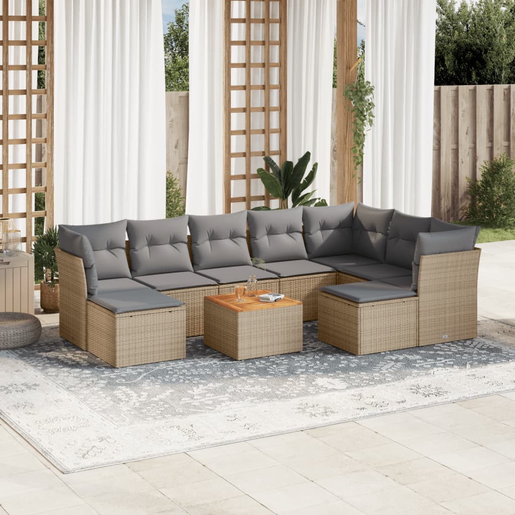 vidaXL 10-tlg. Garten-Sofagarnitur mit Kissen Beige Poly Rattan