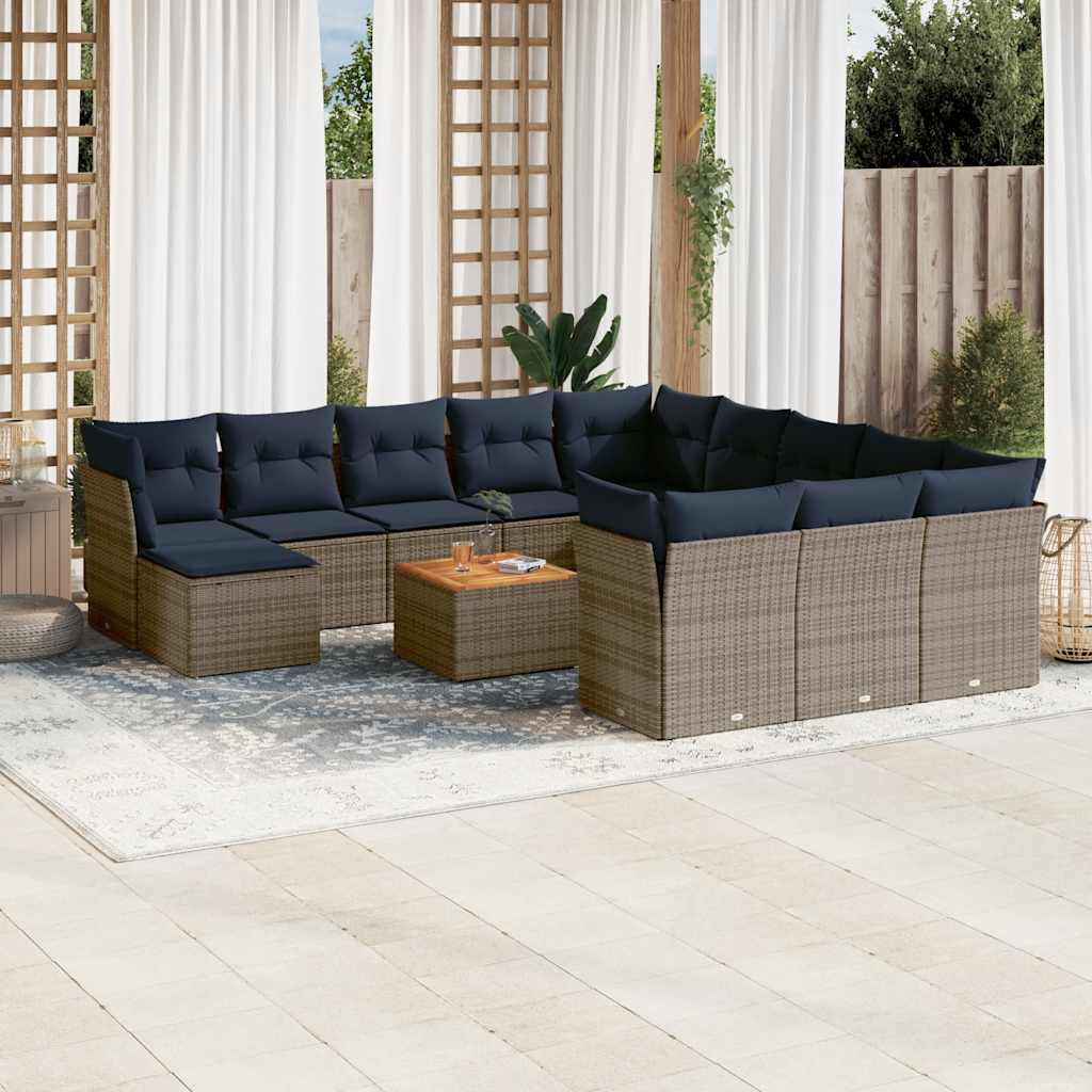 vidaXL 13-teiliges Gartensofa-Set mit Kissen, grau, Polyrattan