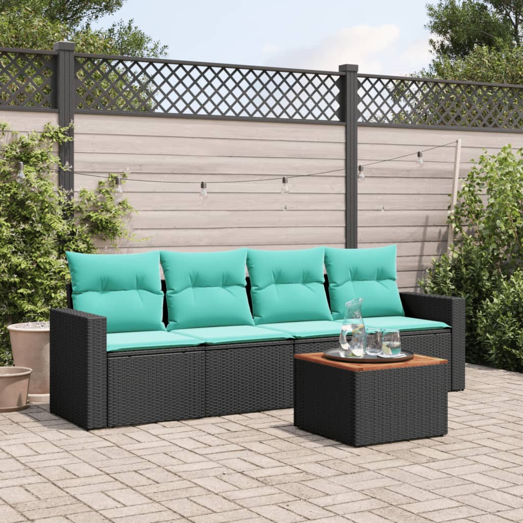 5 Piece Patio Sofa Set with Cushions Black Poly Rattan