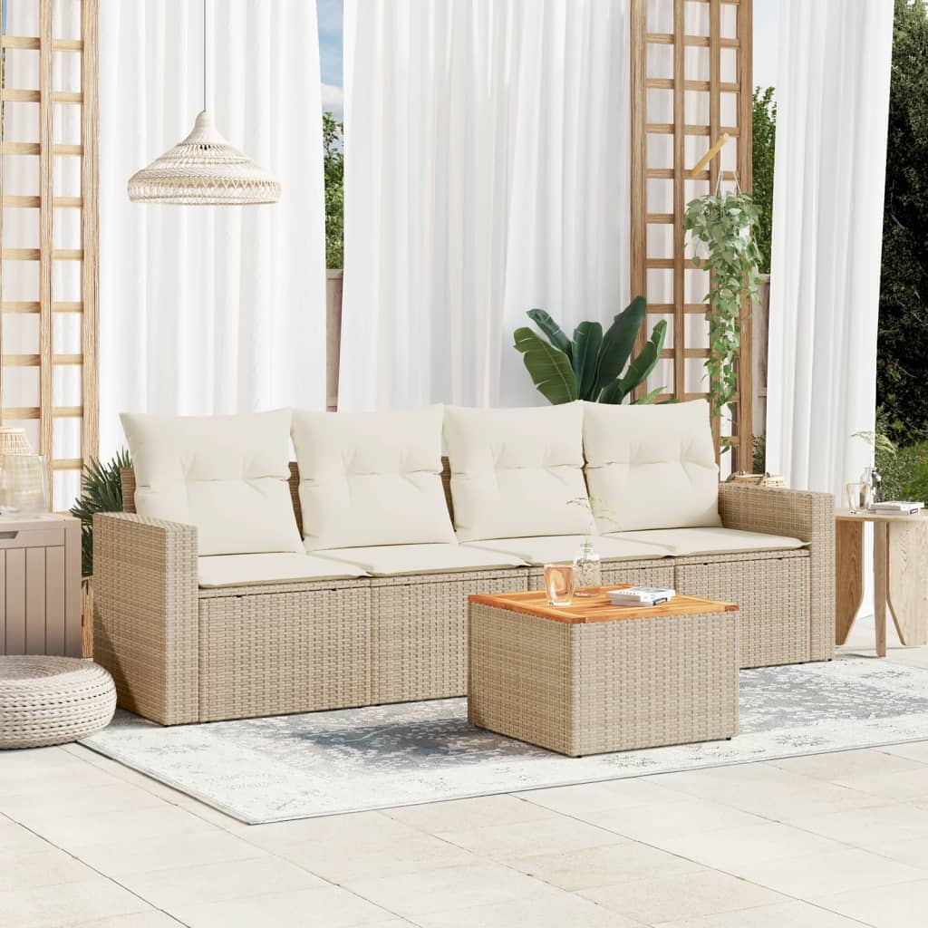 vidaXL 5-tlg. Garten-Sofagarnitur mit Kissen Beige Poly Rattan