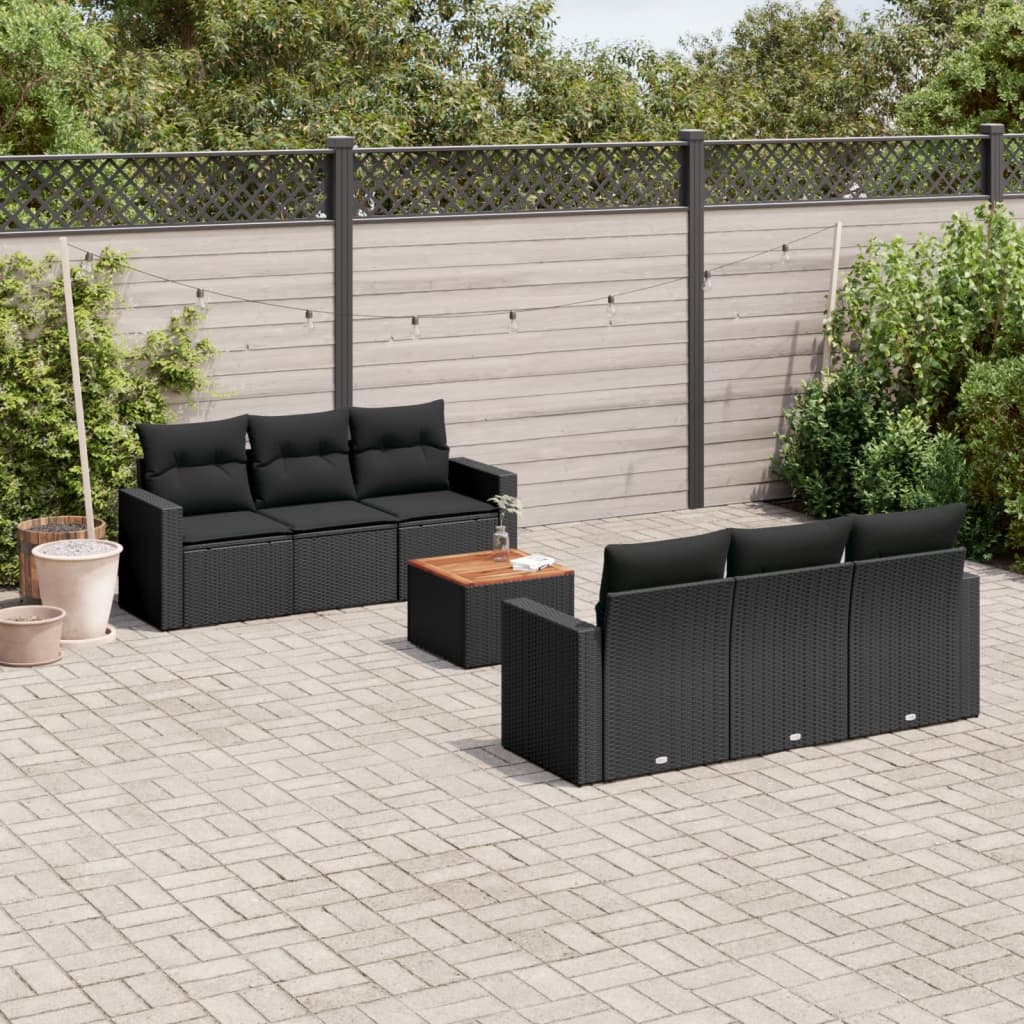 vidaXL 7-tlg. Garten-Sofagarnitur mit Kissen Schwarz Poly Rattan