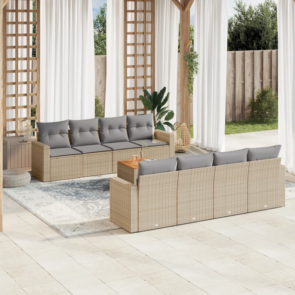 vidaXL 9-tlg. Garten-Sofagarnitur mit Kissen Beige Poly Rattan