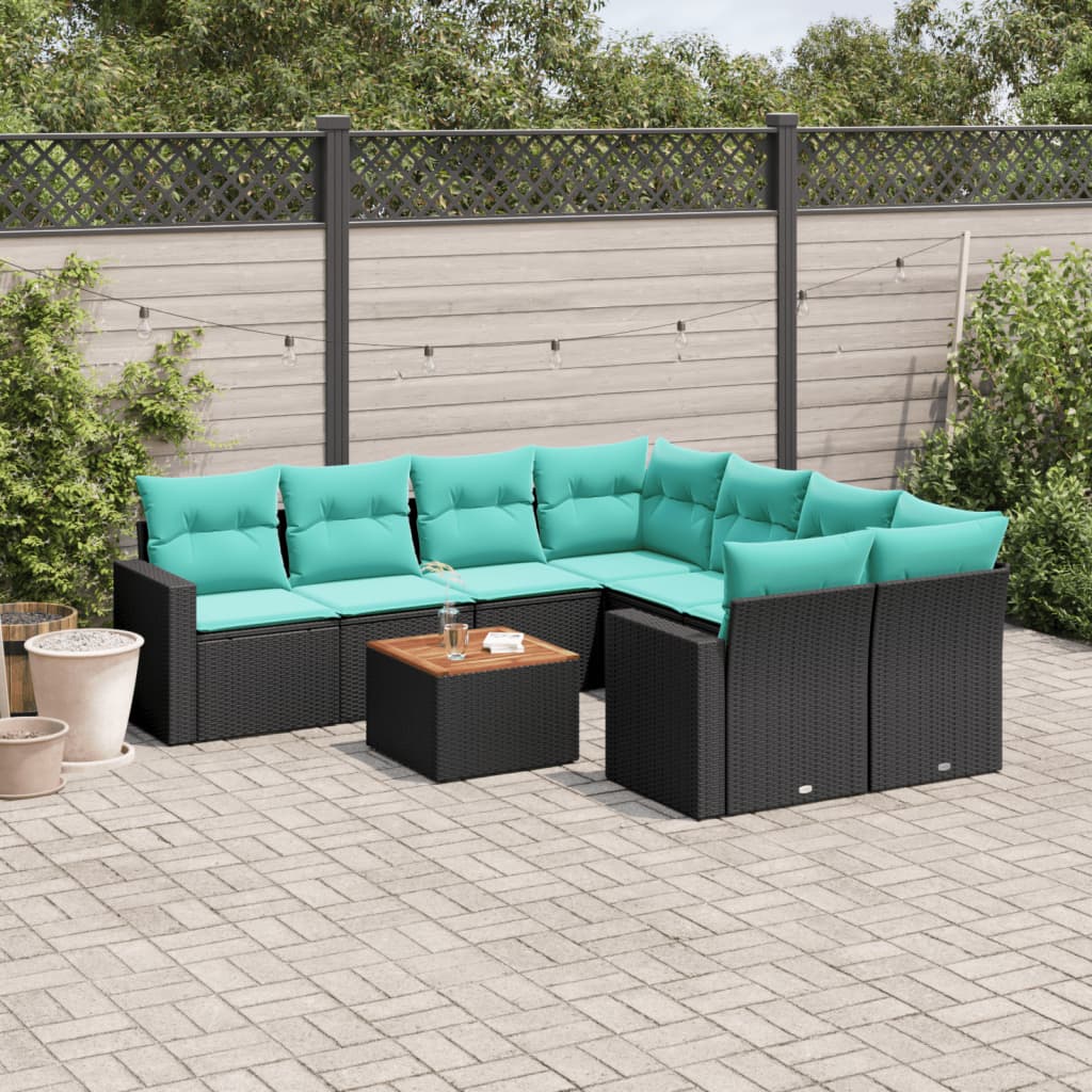 Havesofasæt 9 dele med hynder og bord i polyrattan - sort/blå
