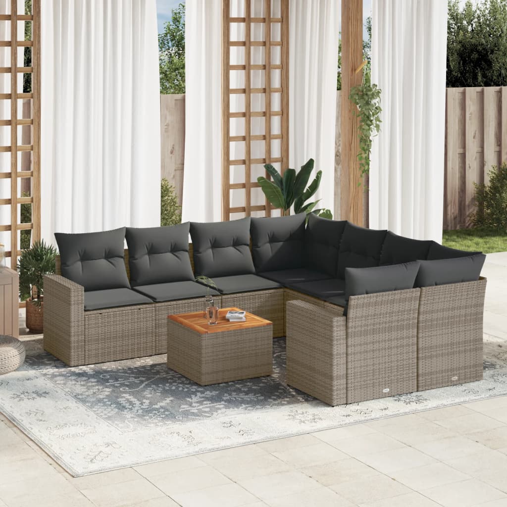 vidaXL 9-tlg. Garten-Sofagarnitur mit Kissen Grau Poly Rattan