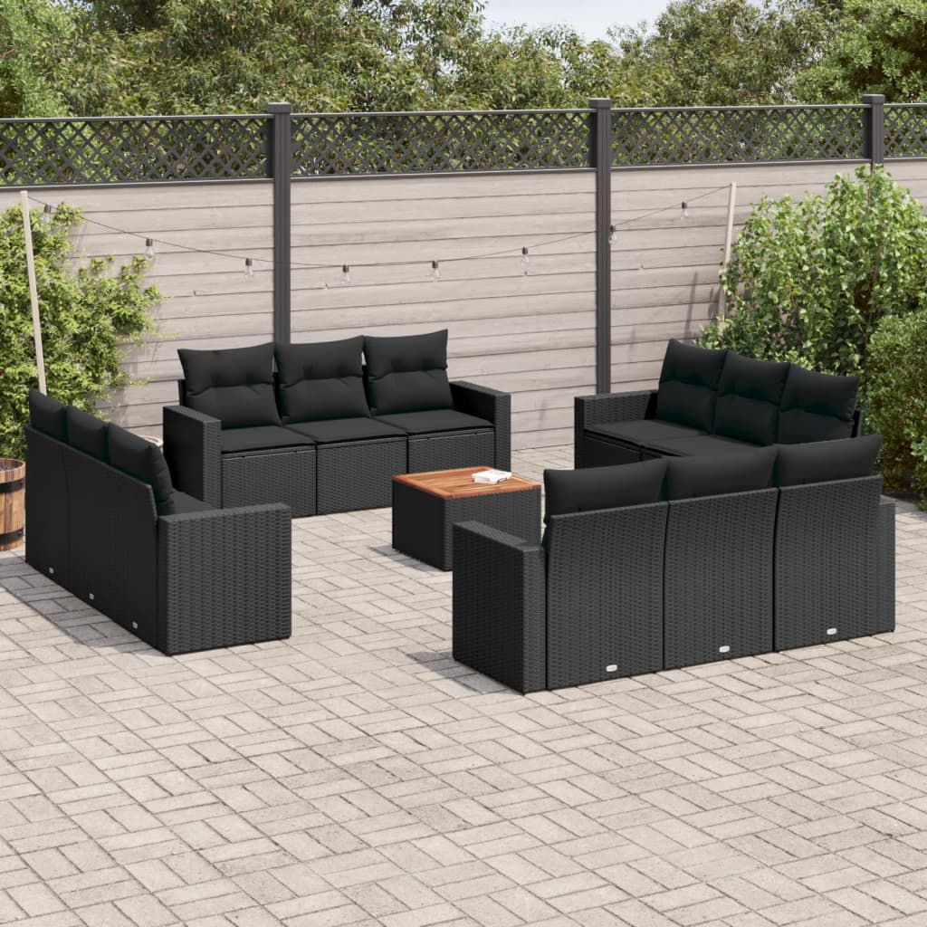 13-tlg. Garten-Sofagarnitur mit Kissen Schwarz Poly Rattan