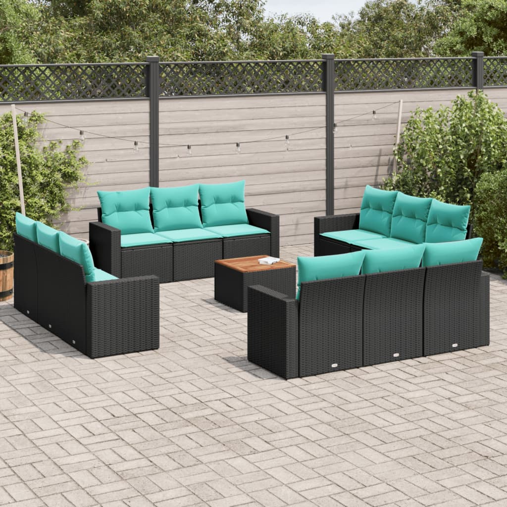 vidaXL 13-tlg. Garten-Sofagarnitur mit Kissen Schwarz Poly Rattan