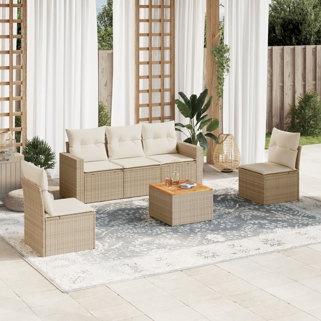 6-tlg. Garten-Sofagarnitur mit Kissen Beige Poly Rattan