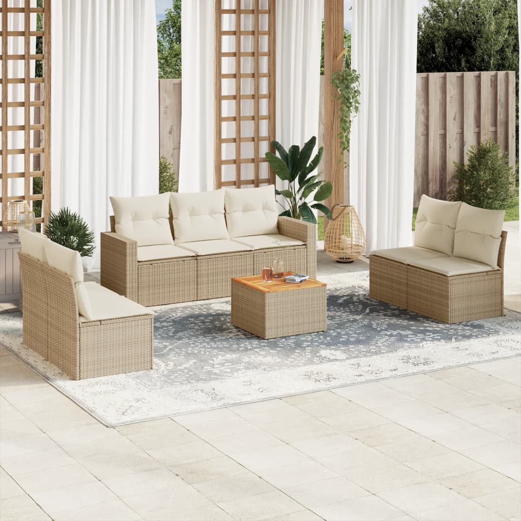 vidaXL 8-tlg. Garten-Sofagarnitur mit Kissen Beige Poly Rattan