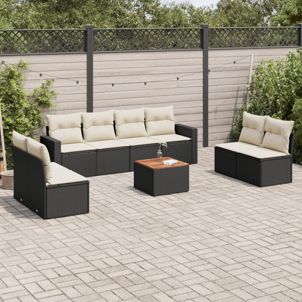 9-tlg. Garten-Sofagarnitur mit Kissen Schwarz Poly Rattan