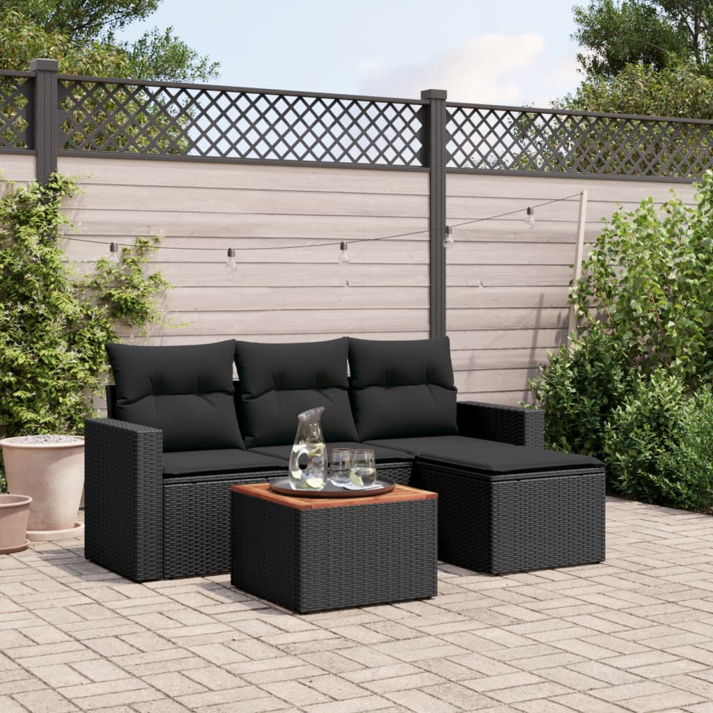 5-tlg. Garten-Sofagarnitur mit Kissen Schwarz Poly Rattan