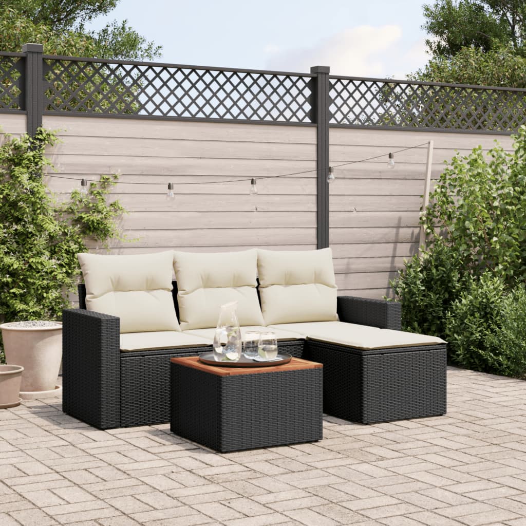 5-tlg. Garten-Sofagarnitur mit Kissen Schwarz Poly Rattan