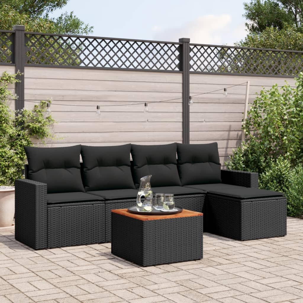 vidaXL 6-tlg. Garten-Sofagarnitur mit Kissen Schwarz Poly Rattan